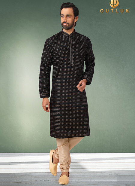 Black Colour Outluk Vol 44 Function Wear Pure Cotton With Digital Print Kurta Pajama Mens Collection 44005